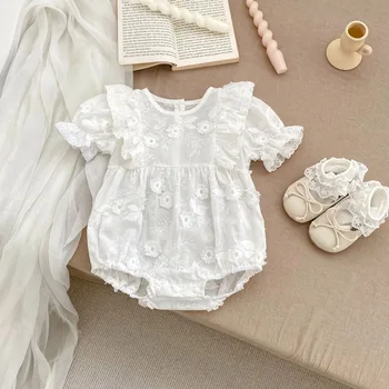 Ins Baby summer jumpsuit new solid color cut flower short sleeve onesie baby girl Hundred Days banquet rompers jumpsuit