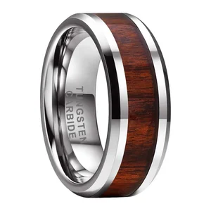 Coolstyle Jewelry 8mm Tungsten Carbide Ring for Men Women Fashion Engagement Wedding Band Koa Wood Inlay Beveled Comfort Fit