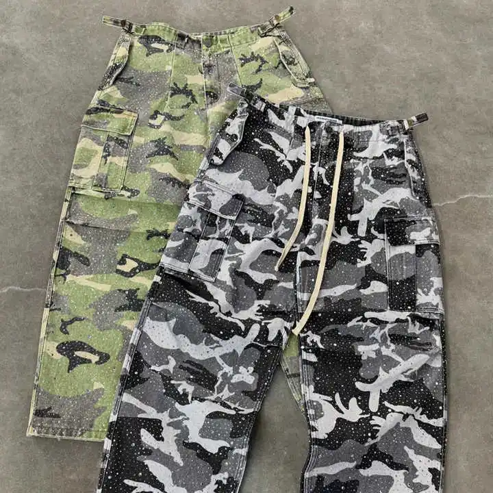 Salati Manufacturer Designer Camouflage Cargo Pants Streetwear Work Tactical Baggy Trousers Rhinestone logo Cargo Camo Pants Men gallery 4