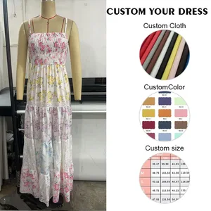 Wholesale Good Quality Shirred Floral Strapless Clothing Women Summer Casual Maxi Dresses
