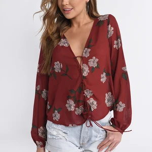 Summer New Design v Neck Ladies Long Sleeve Blouses  Lace up Front Women Floral Printed Chiffon Shirts Blouses