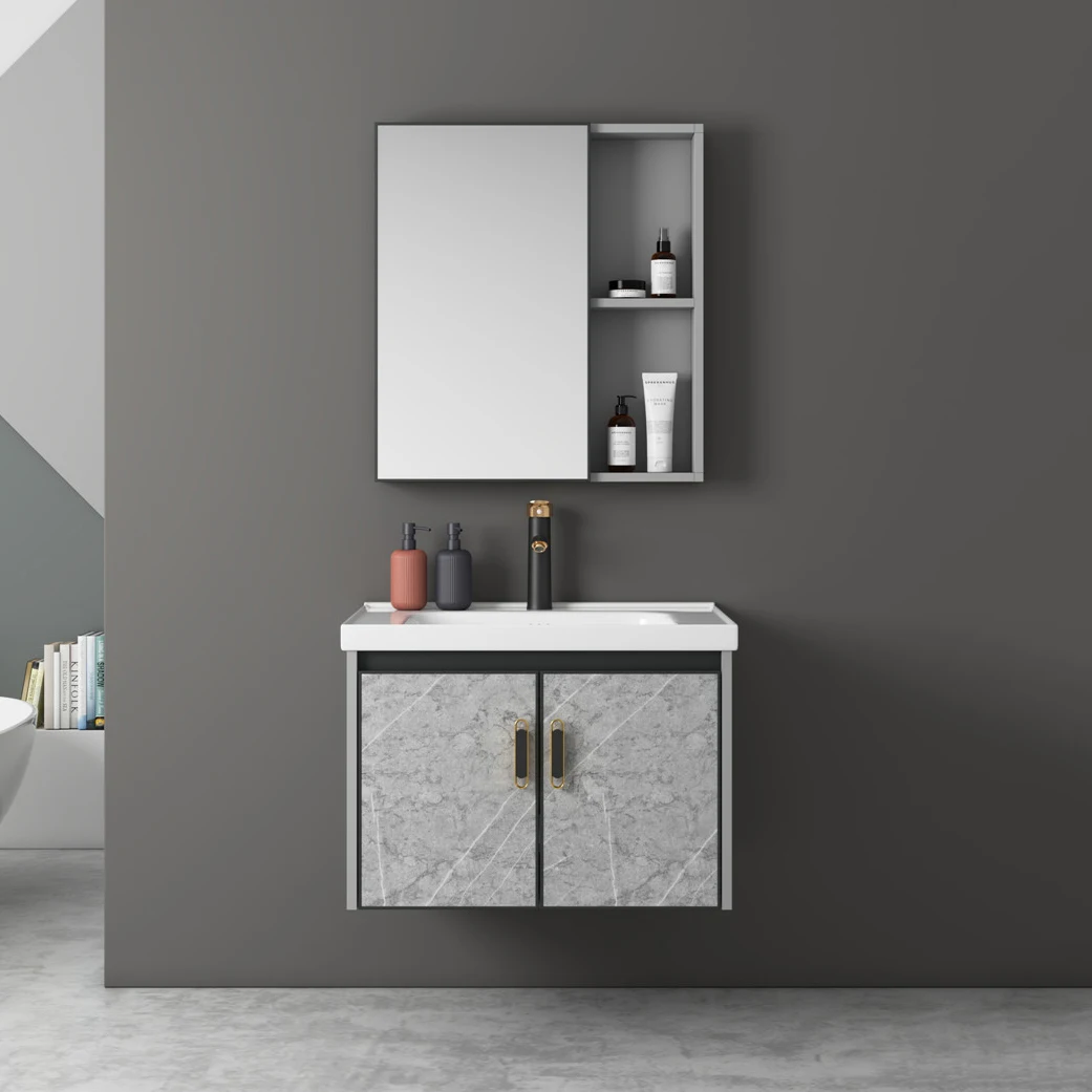 Marble design wholesale cheap modern aluminium floating wall mounted single sink vanity bathroom cabinet factory