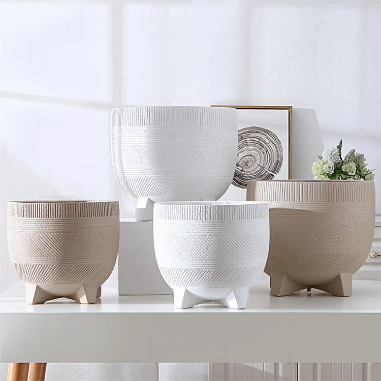 Large Diameter White Stripe Concrete Matte Floor Garden Table Planter Flowerpot Modern Garden Flower Plant Pot with Feet