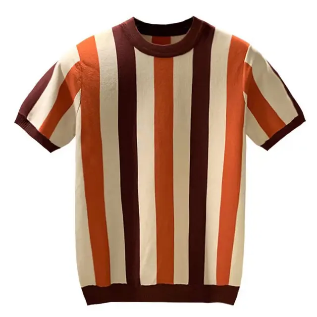 2023 retro slim knitted sweater t shirt summer hit color vertical stripe ice silk T shirts men's t-shirt ribbed knitted