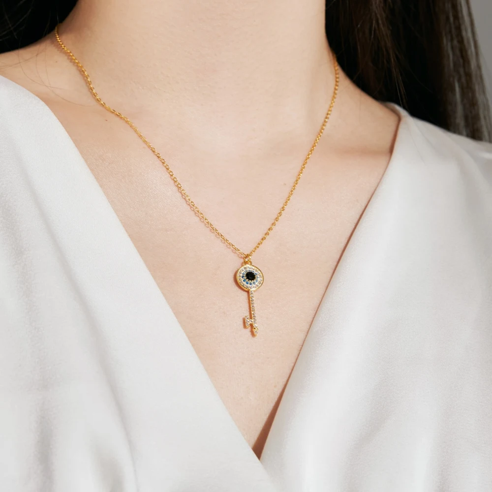 KAKODIY Fine Jewelry CZ 18K Gold Plated 925 Sterling Silver Necklace Key Pendant Evil Eye Necklace Women Gift detail 2