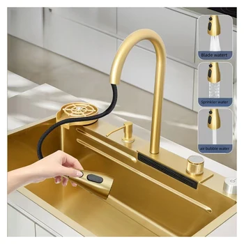 NO MOQ Gold Smart Sink Kitchen Handmade Waterfall Kitchen Sink 304 Stainless Steel with 3- gear pulling faucet top Mount