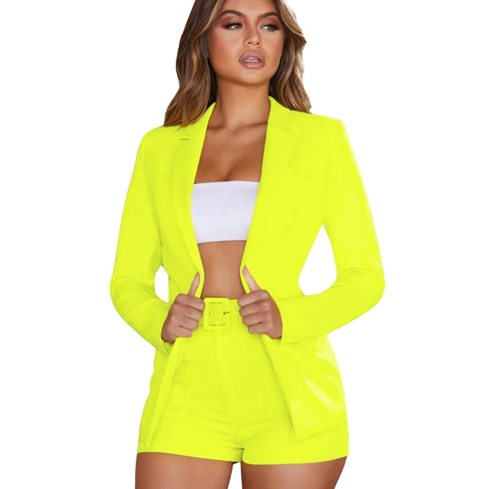 2 Piece Outfits for Women Long Sleeve Solid Blazer with Pockets Shorts Sets Open Front Business Suit 