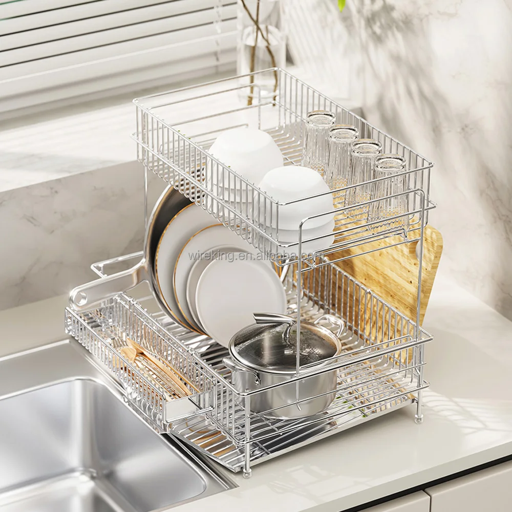 WIREKING Tier Korean Stainless Steel Kitchen Dish Drainer Plate Rack Over  the Sink Dish Drying Rack