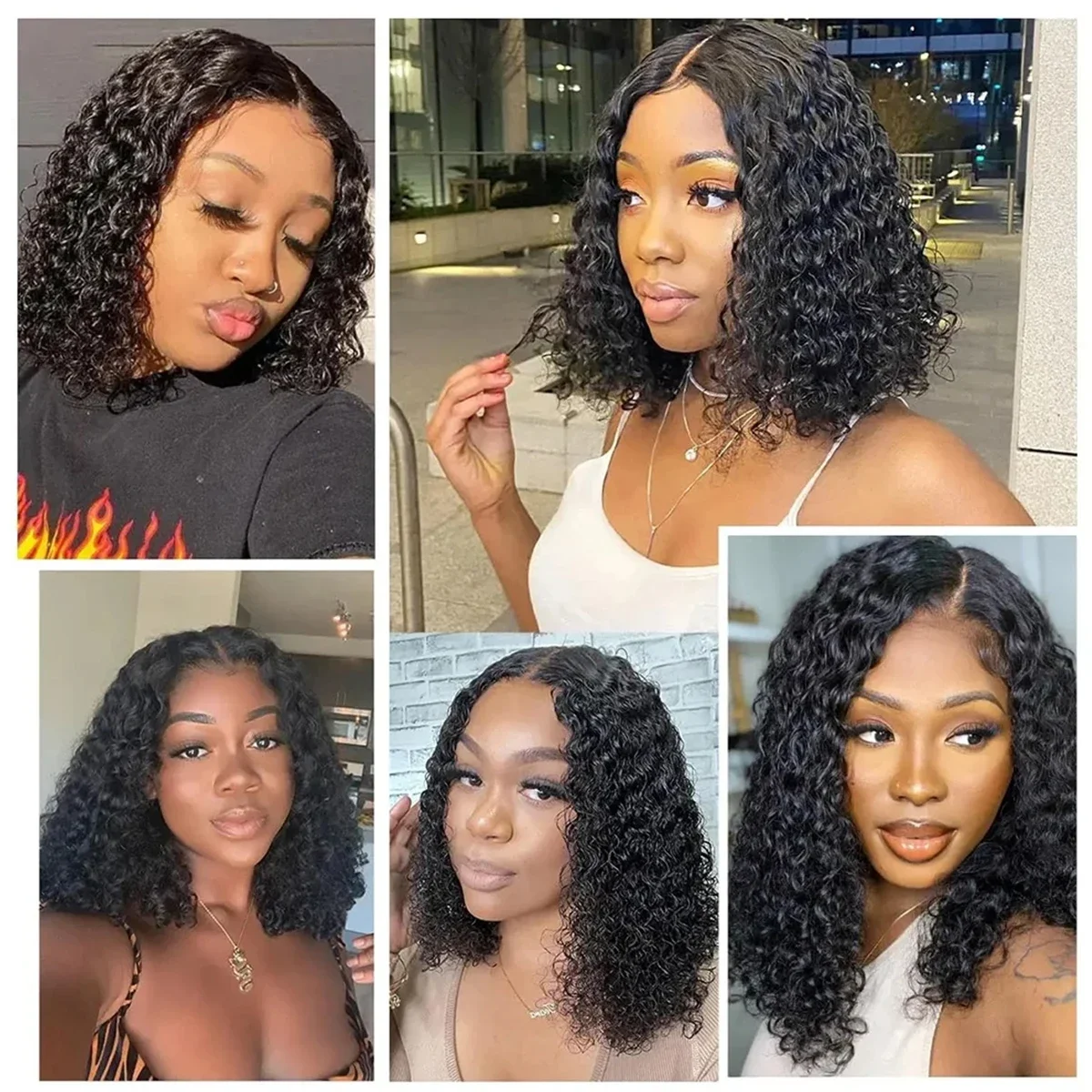 Parrucche Bob Frontali in Pizzo con Capelli Umani Ondulati Profondi, Parrucche Pre-Spennate Remy Senza Colla Indossa e Vai, Densità 180%_voghion.com