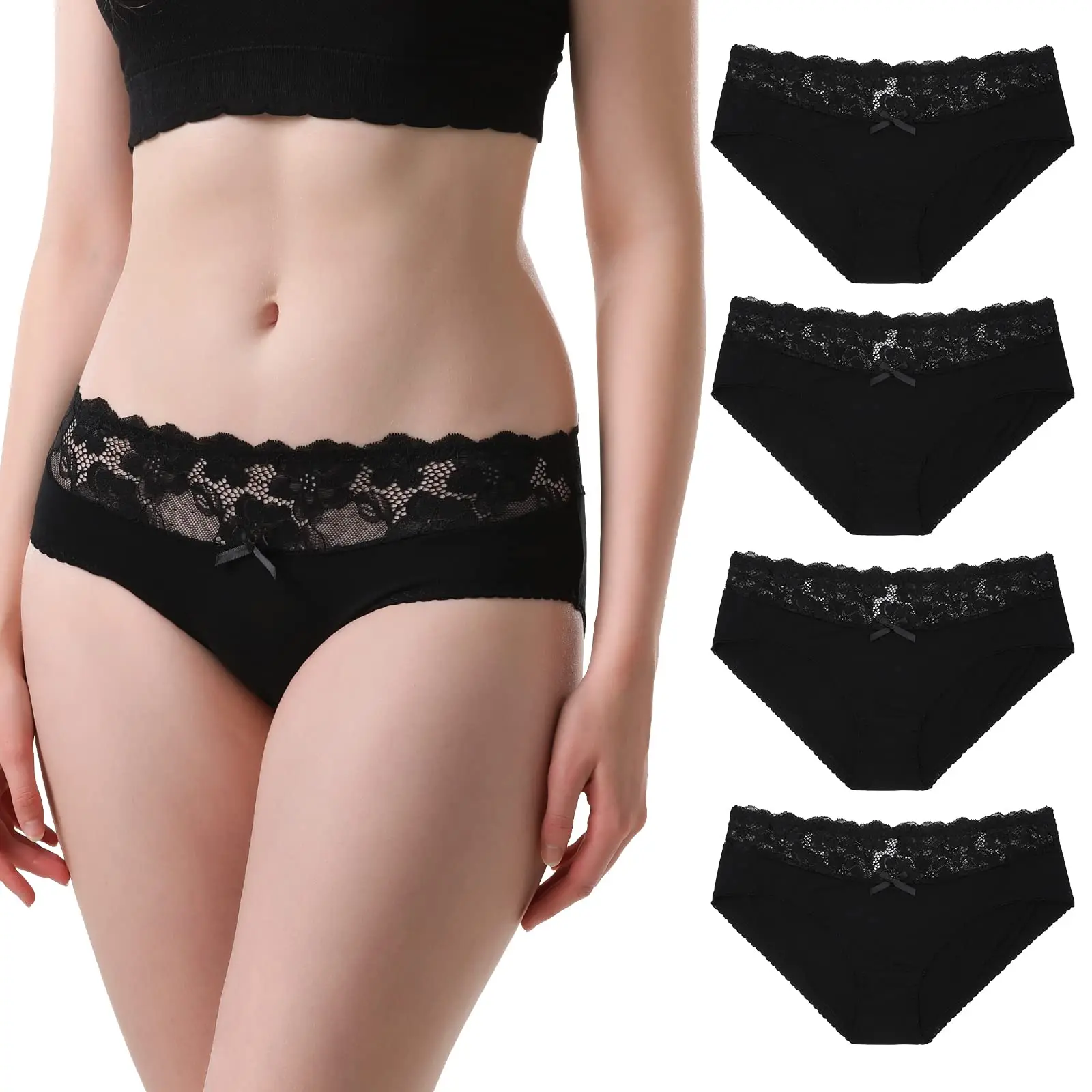 INNERSY Bragas Negras Algodon Y Spandex Braguitas Mujer Comodas Culotte Cintura Media Pack De 4 (XS, 4 Negro Básico
