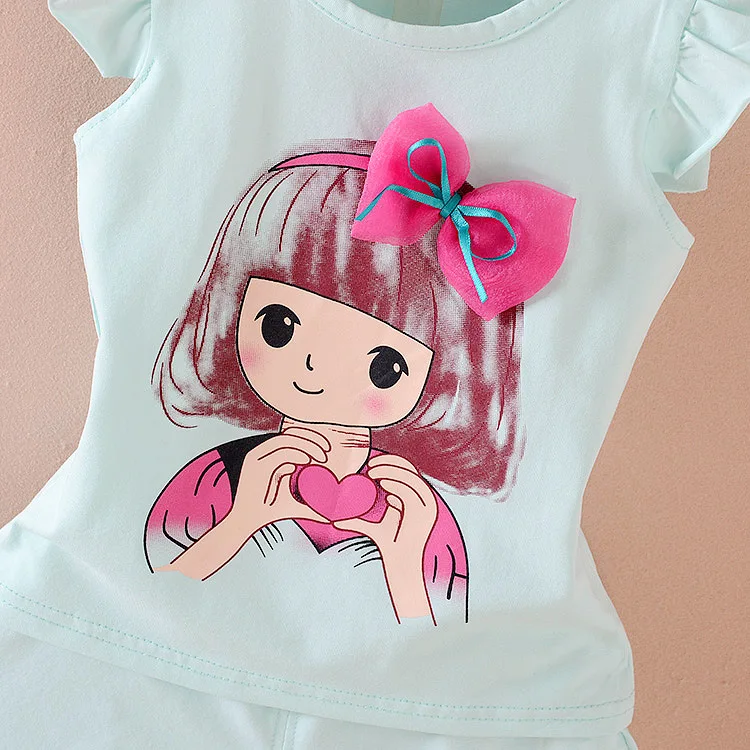 Girls Summer Suit Little Child Cotton Casual Flying Sleeve Tshirt Top