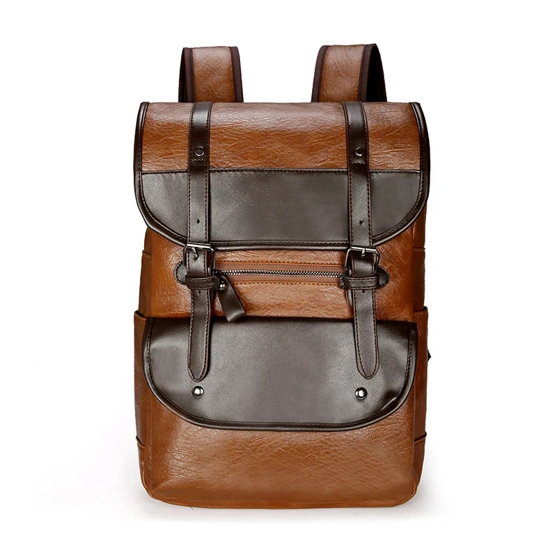 16.5-Inch Fashion PU Leather Laptop Backpack Men Retro Schoolbag Large Capacity Books Waterproof Mochilas Patchwork Teenagers