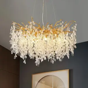 French Aluminum Golden Snow Glass Light Hotel Living Room Tree Branch Raindrop Led Crystal Chandeliers