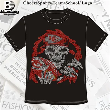 Top Selling NFL Skull Rhinestone Transfer Design Custom Hotfix Chiefs Iron on Rhinestone Heat Transfer for DIY T-Shirts