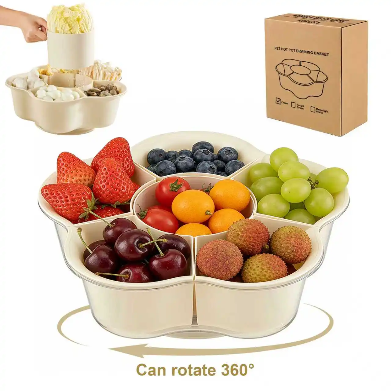 Multi-Functional Kitchen Storage Platter with Drain Basket & Turntable for Fruits Nuts Snacks-Home Use