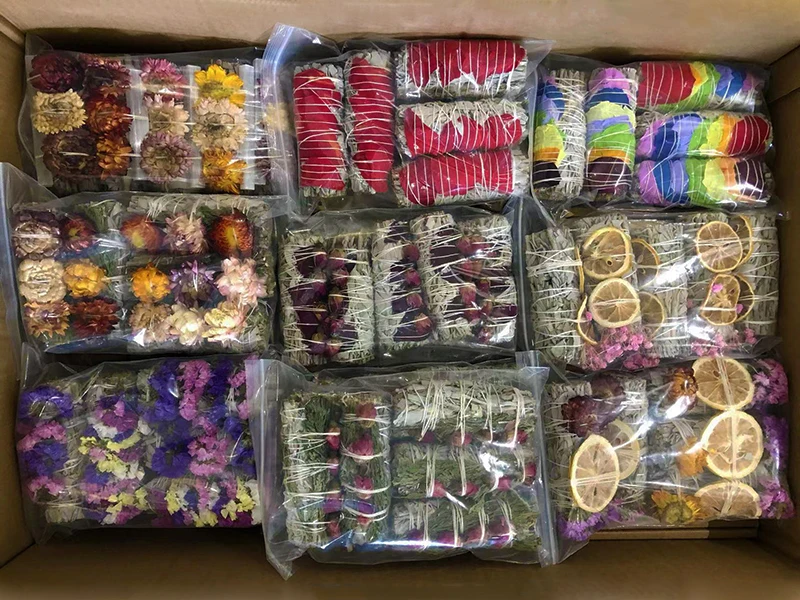 Organic Natural White Sages Smudge Sticks Bundles With Flowers