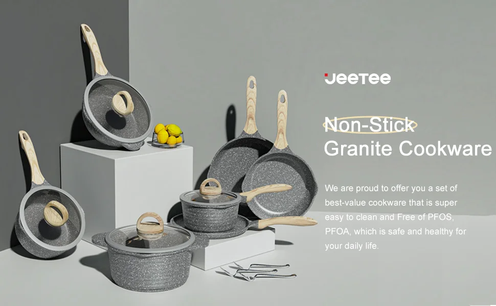 JEETEE Kitchen Pots and Pans Set Nonstick Granite Coating Variety Pack,  Black