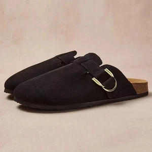 Women Black Suede Mules Gold Buckle Accent Cork Insole Luxury Comfort Casual Loafers Slip on Shoes Summer Wholesale