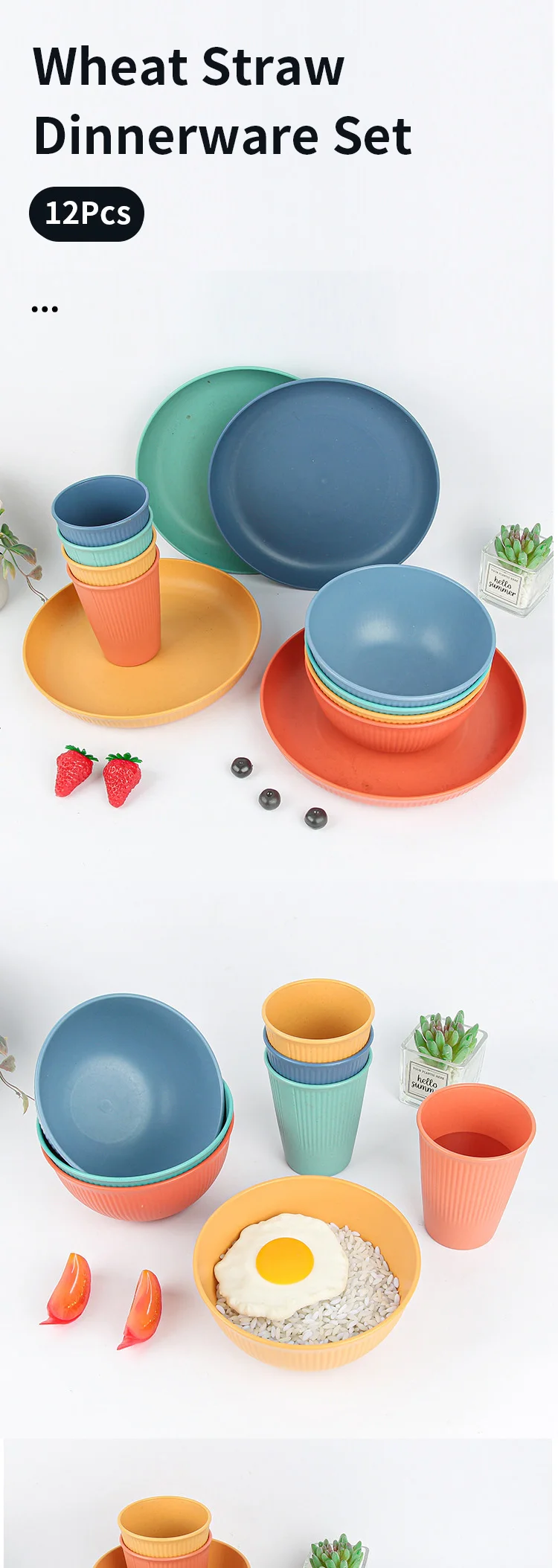 Tableware Set Kitchen Meal 12pcs Cups Plates Bowls Unbreakable Reusable