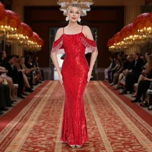 New Women's Clothing Sequined Strap Flossy Elegant Dress, Mermaid Long Gown Evening Dress Party Wear