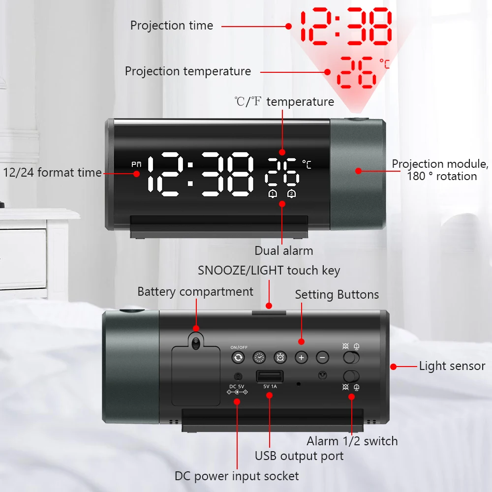 Digital Projection Alarm Clock with Temperature 180 Rotation USB Electronic Table Bedroom Bedside 3D Wall Snooze Alarm Clock