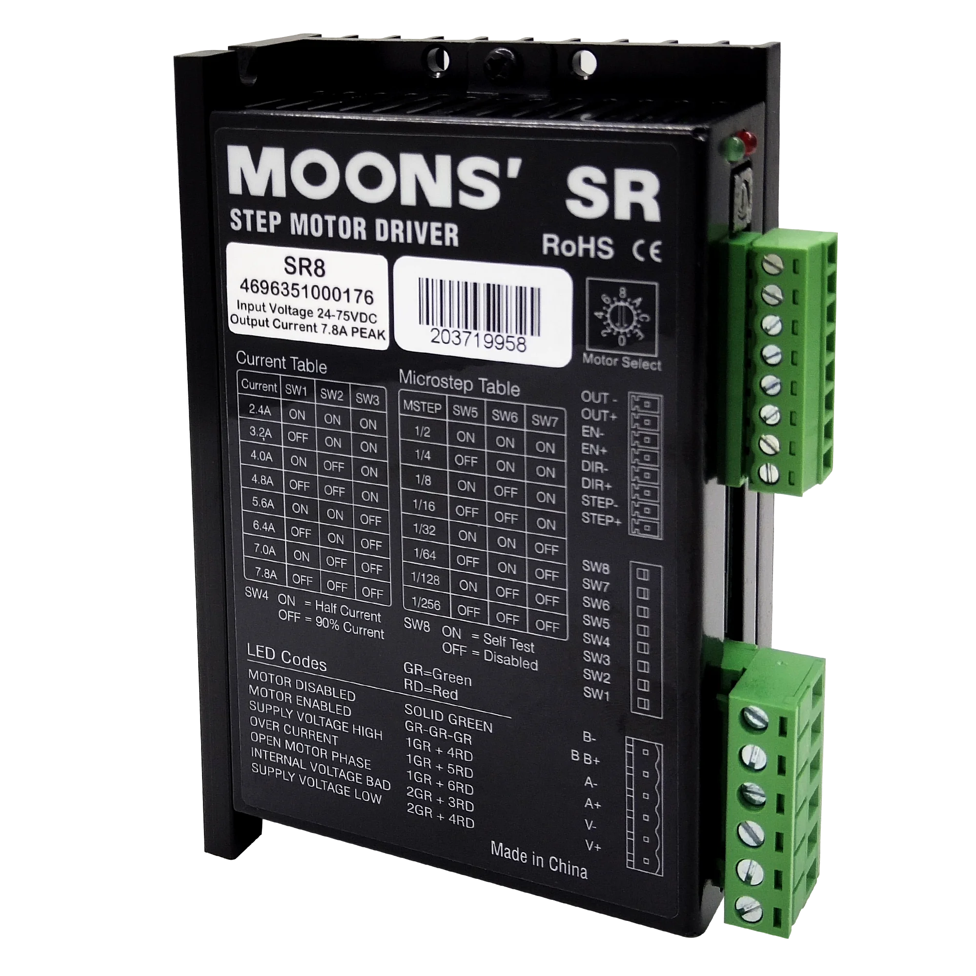 MOONS 1pc SR8 Stepper Motor Controller 2-phase Digital Stepper Motor Driver 24-70 VDC Max. 7.8A for 57 86 Series Motor