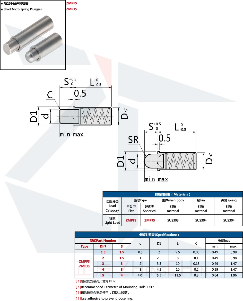 product high precision  dh7 stainless steel mpfs3 4 short micro spring plunger mpfl5 8-59