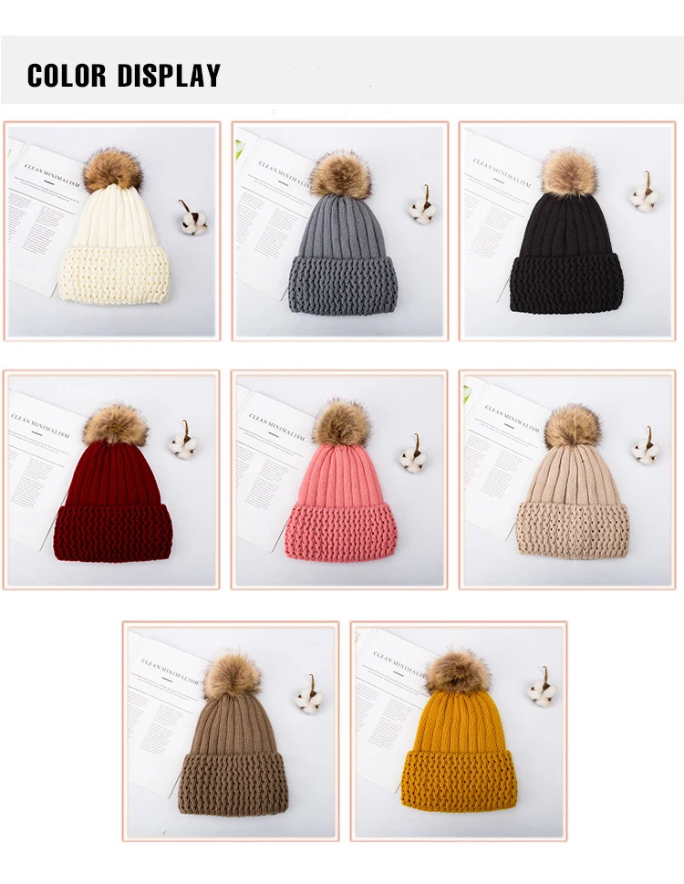 Custom Logo High Quality Acrylic Warm Winter Hats Caps with Thickened Fleece Lining Skullies Pom Pom Knitted Beanie Hat