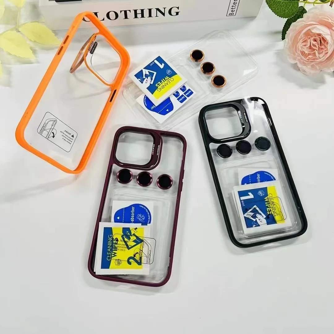 Lens Metal Ring Protector Stand Phone Case for IPhone 16 15 14 Pro 13 12 11 Pro Max Camera Protection Acrylic Shockproof Cover