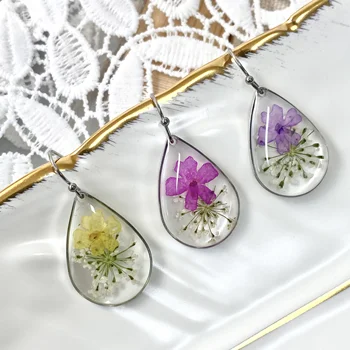 2022 Summer Fashion Jewelry Supplier Water Drop Shape Stainless Steel Hook Oval Resin Flower Earring