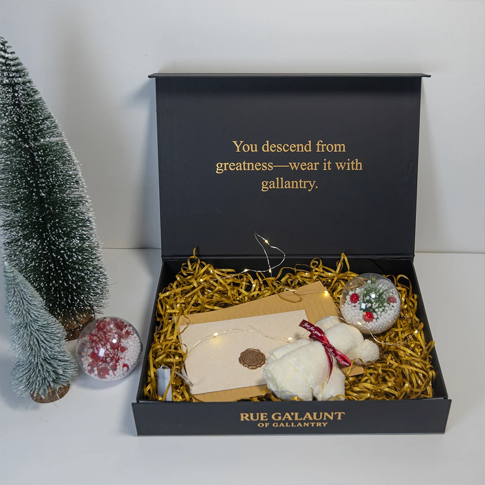 Christmas Custom Foil logo Stamping Luxury Flip Coated Paper Black Collapsible Magnetic Rigid Gift Box Packaging with Ribbon