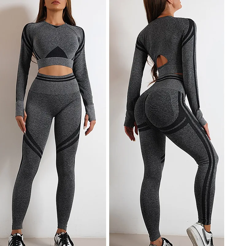 Workout Sets Gym Outfit Set For Women Seamless Long Sleeve Active Wear ...