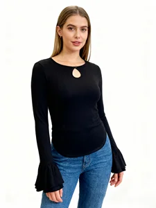 Women's Spring/Autumn Knitted Soft Stretch High Quality Fashion Elegant Keyhole Cutout Double Bell Sleeve Slim Top Trendy Tshirt