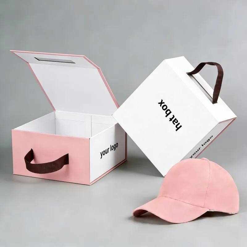 Anpassad hård kartongförpackningslåda med handtag, portabel, vikbar, magnetisk lyxgåvoförpackningslåda för hattar