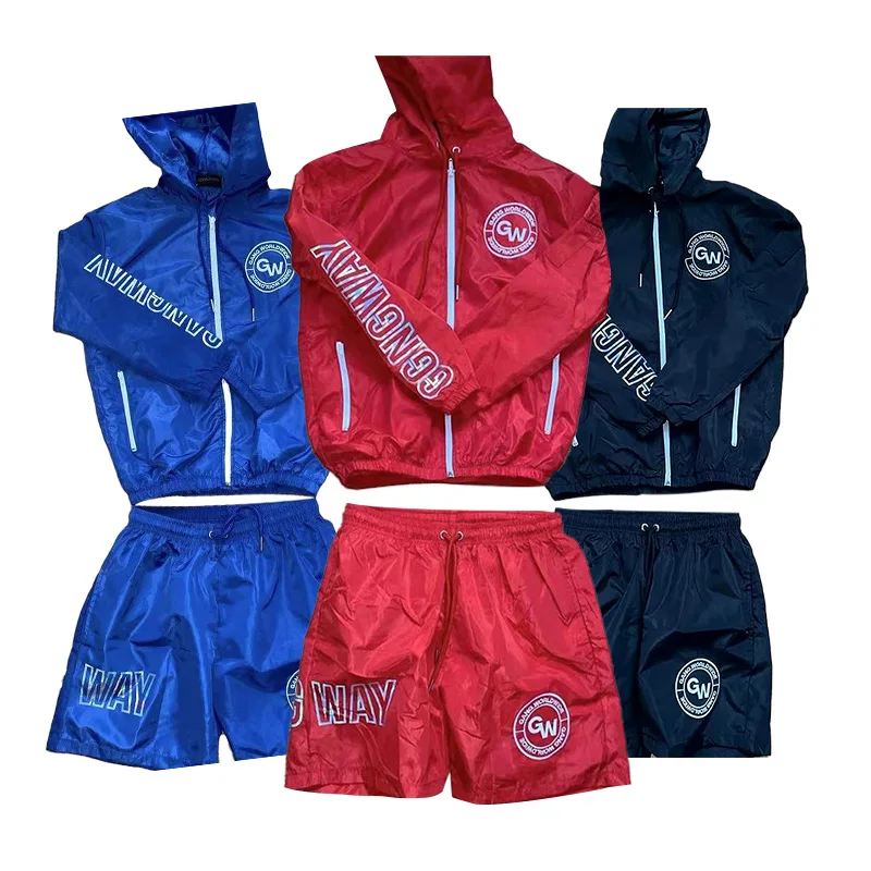 Custom Print Sweatsuit Two Piece Short Set Light Weight Jogging Suit Polyester Zipper Windbreaker Set Hood Tracksuit