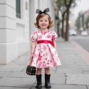 Cross-border Festival Performance Costume Printed Girls' Bubble-Sleeved Princess Dress Infants Toddlers Cotton Blend Dress