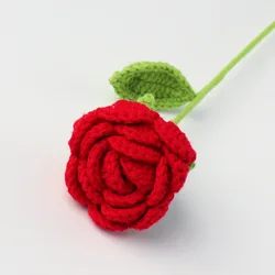 Worien Bouquet De Fleurs Au Crochet Tricoté à La Main, Fleur De Rose Rouge Artificielle, Fausse Fleur, DéCoration De Maison Pour FêTe De Mariage