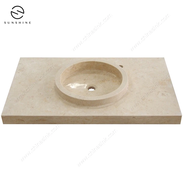 Custom Logo Beige Cream Marble Stone Washbasins Vanity Bathroom Vanity With Sink Wash Basin Price