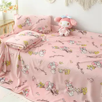 Sanrioed Double Side Coral Velvet Blanket Kitty Cat Cinnamoroll Kuromi Office Home Blankets Winter Thickening Quilt Bed Sheets