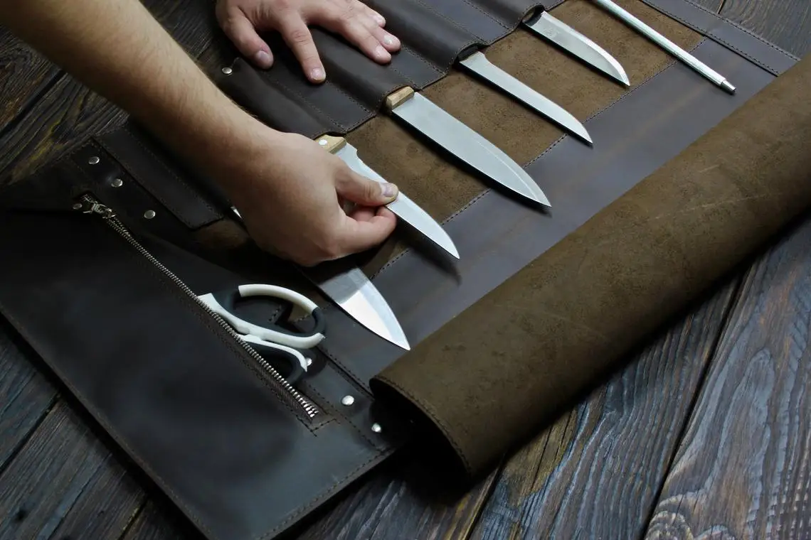 Leather Knife Roll Kit Custom Tool Storage Bag Genuine Leather Air & Sea Lightweight Lifetime Puratan Unique Tool Storage