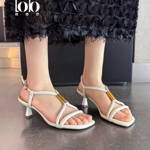 Women's Shoes Custom Logo Cowhide Leather Strap Stiletto Heel Sandals Square Open Toe Anti-Slippery Breathable Spring Summer