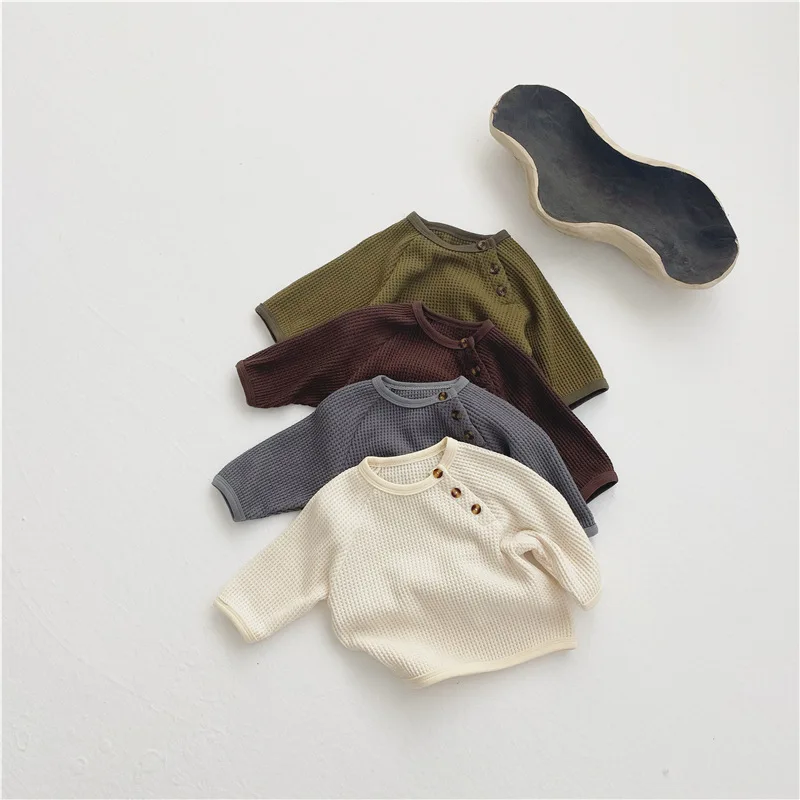 Spring and Autumn New Infant Baby Simple Waffle Loose Pullover Long Sleeve Top Sweater