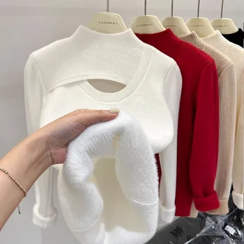 With velvet one body hollow half turtleneck knit sweater base women's autumn winter thick warm inside with mid-neck top