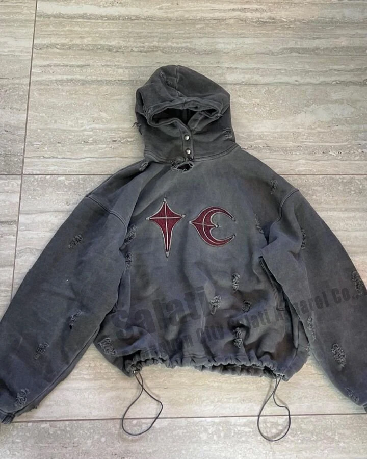 Men's Sun Faded Hoodies Drawstring Hem Ripped Cotton French Terry Screen Printed Disstressed Vintage Acid Wash Hoodies Custom