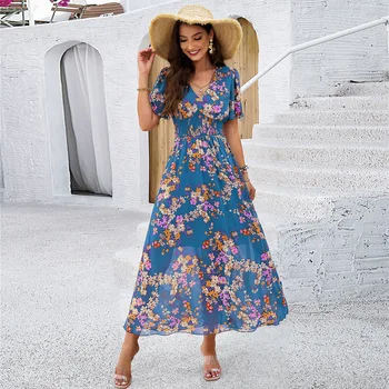 Elegant Women's Clothing Summer Dresses Casual Short Sleeve V-neck Floral Print Empire Waist Flowy Maxi A-line Dress