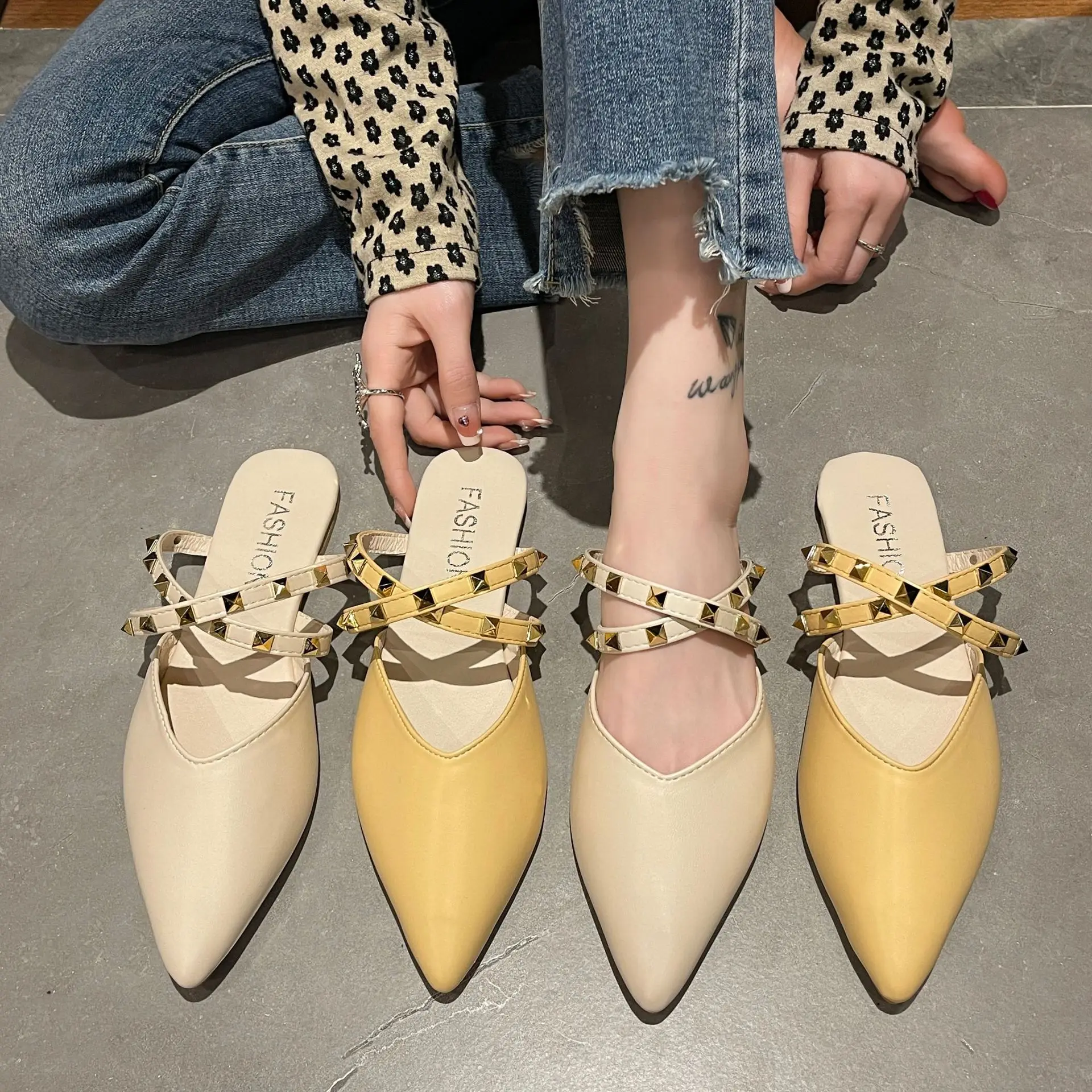 Pointed head flat with rivets large size half slippers summer new fashion slippers woman