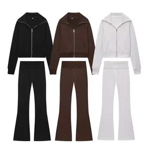 Popular Autumn Winter Fashion Lapel Long Sleeve Zipper Fleece Jacket + Long Pants Set