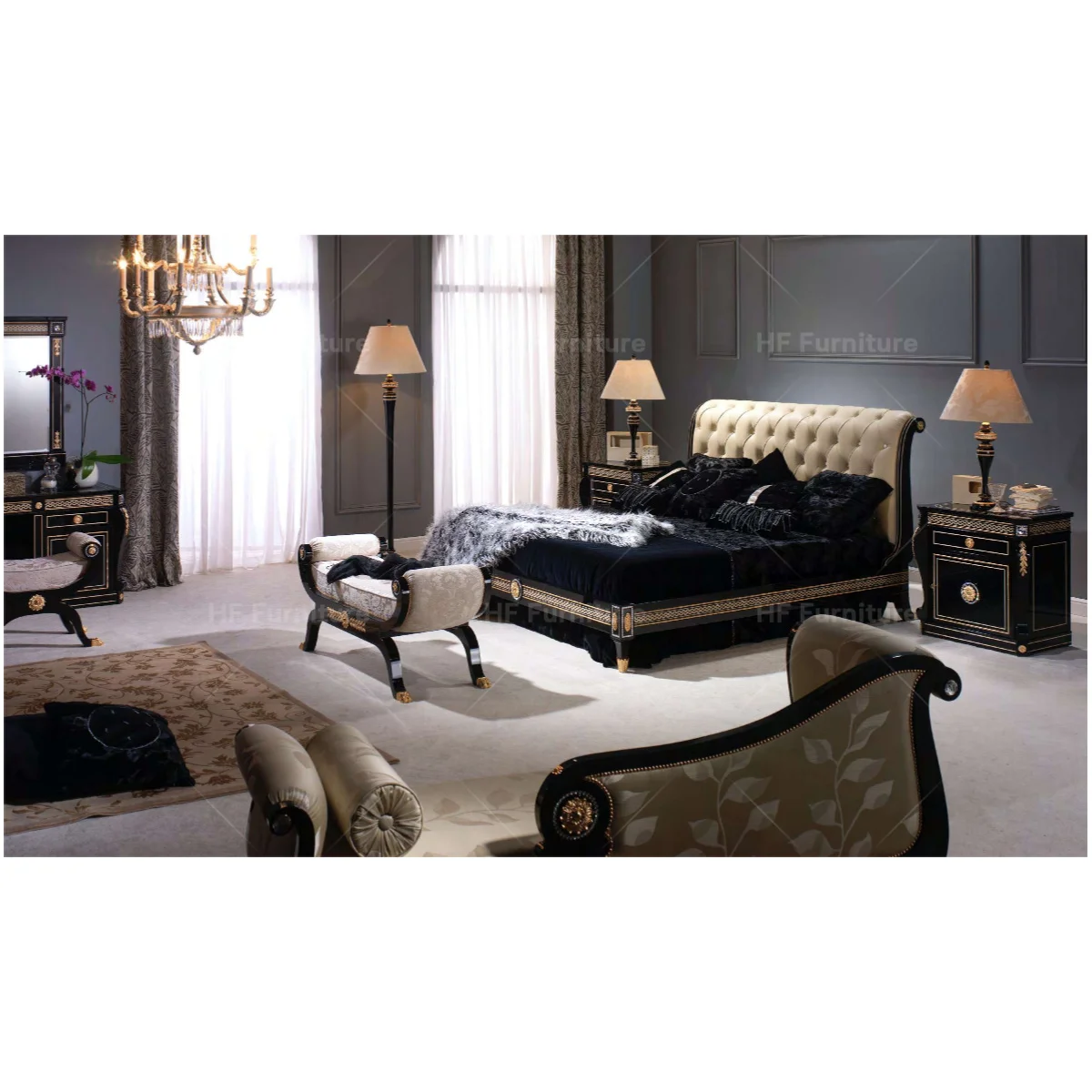 Classic Style Wooden Bed Royal King Size Hand Carved Black And Gold