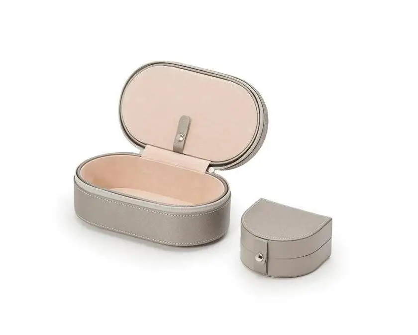 Classic Style Oval Saffiano Vegan Leather Zipper Travel Case Functional Design Jewelry Display