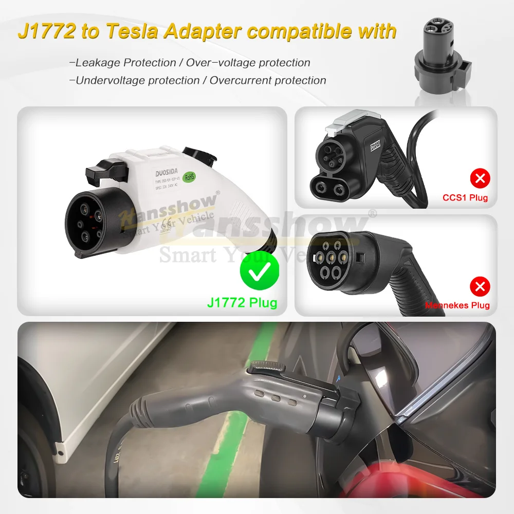Hansshow Sae J1772 Adapter 60amp 80 Amp/250v Ac J1772 To Tesla Charging